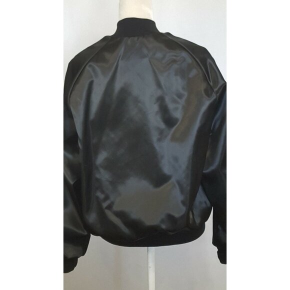 Womens Satin Bomber Windbreaker Jacket M Embroidered Black Flannel Lined USA - Picture 4 of 9
